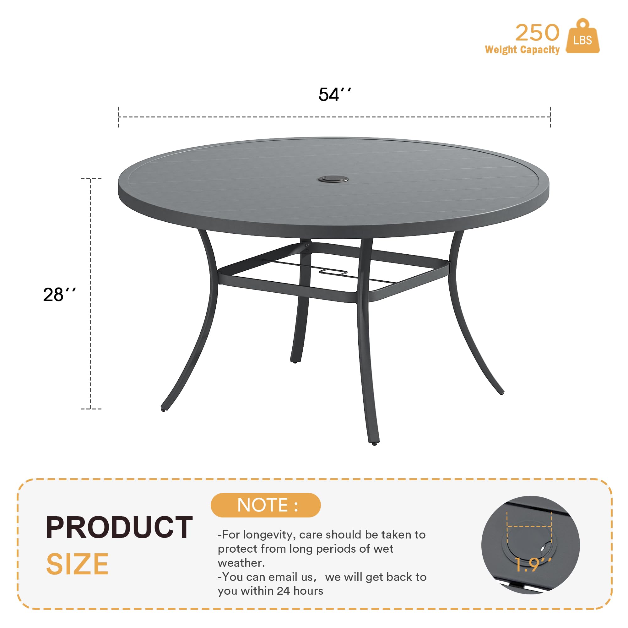 Vicllax 53' Outdoor Round Patio Table For Lawn Garden, All Weather Metal Black Round Patio Dining Table With Adjustable Umbrella Hole, Patio Table For 8 Person, Grey Tabletop
